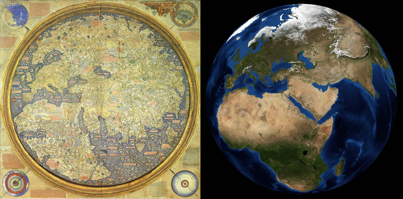 The Fra Mauro map upside-down to show North on top, compared to a modern satellite-based image of Earth by NASA